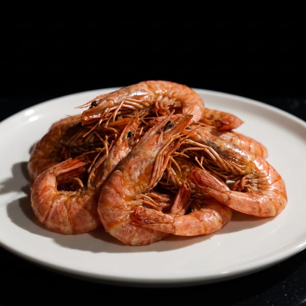 A white plate piled high with cooked, shell-on shrimp against a dark background.
