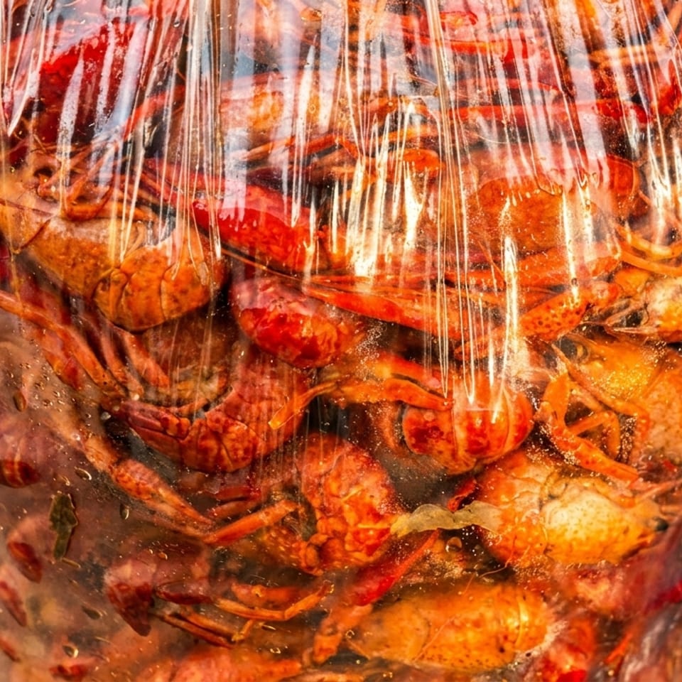 Boiled red crawfish in a clear plastic bag, ready for a seafood feast.