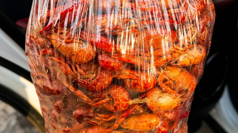 Boiled red crawfish in a clear plastic bag, ready for a seafood feast.