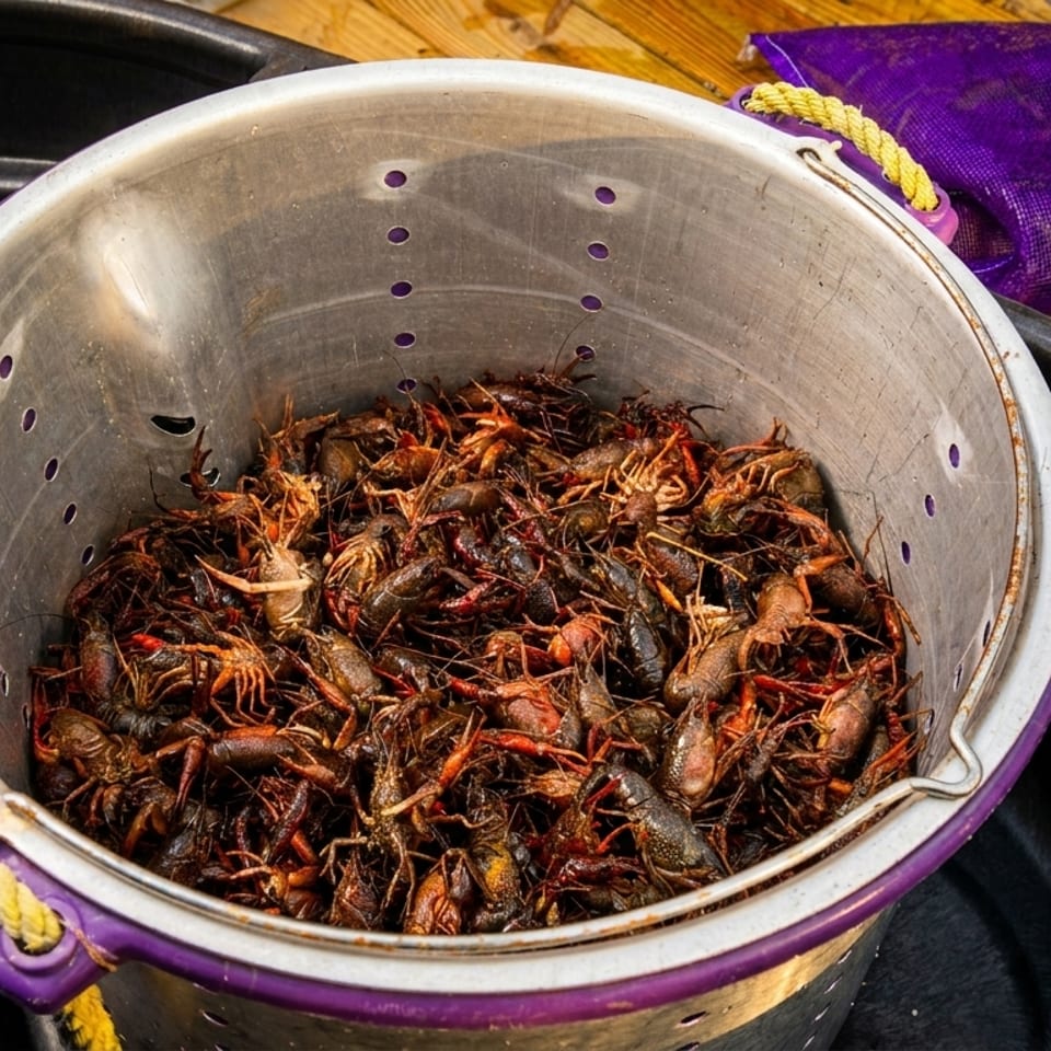 A metal colander full of freshly caught crawfish sits inside a large black tub.