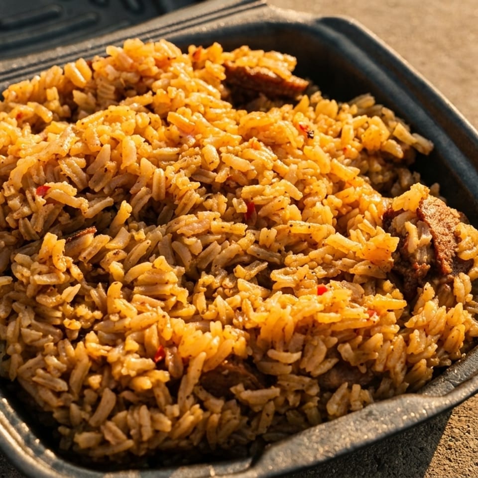 Close-up of seasoned rice with meat pieces in a black takeout container on a concrete surface.