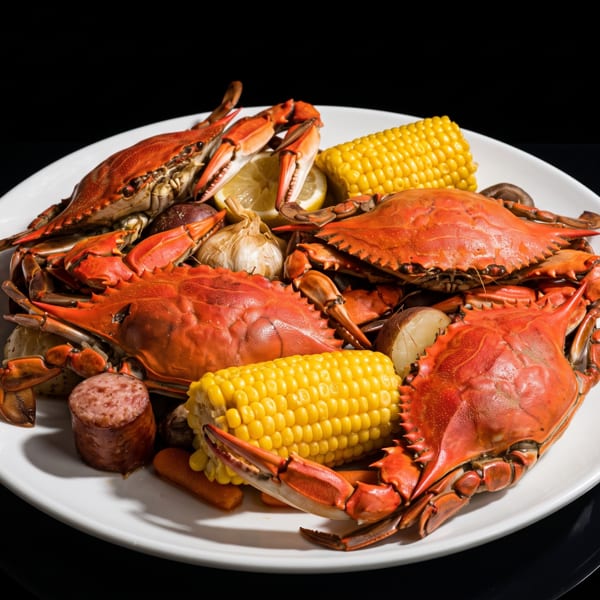 A white plate piled high with cooked red crabs, corn on the cob, sausage, and garlic.