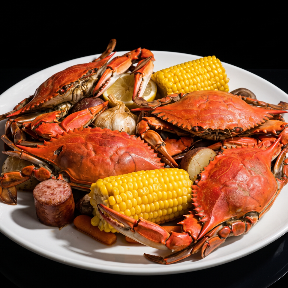 A white plate piled high with cooked red crabs, corn on the cob, sausage, and garlic.