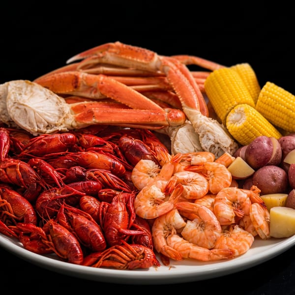 A seafood boil platter with crawfish, shrimp, crab legs, corn on the cob, and potatoes.