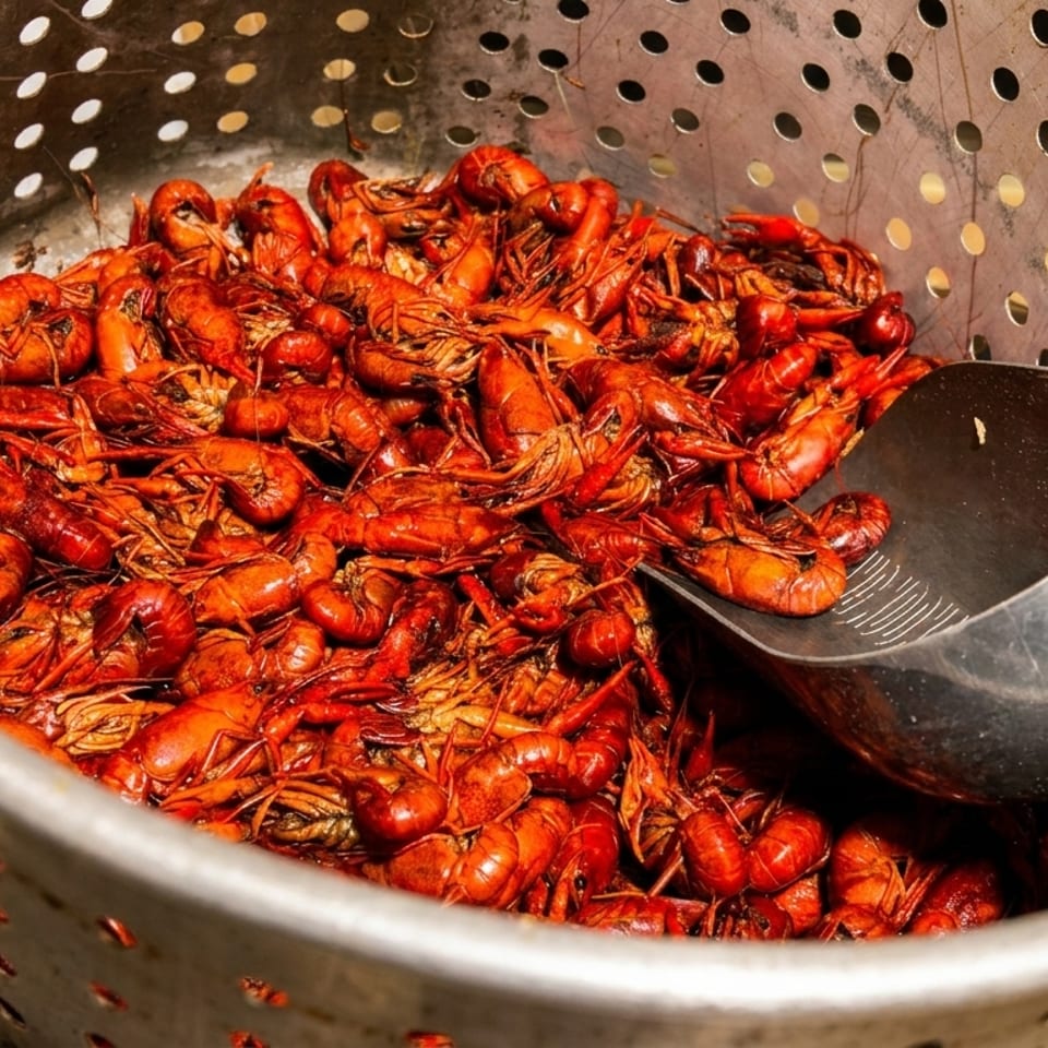 Boiled red crawfish in a large metal strainer with a scoop, ready to be served.