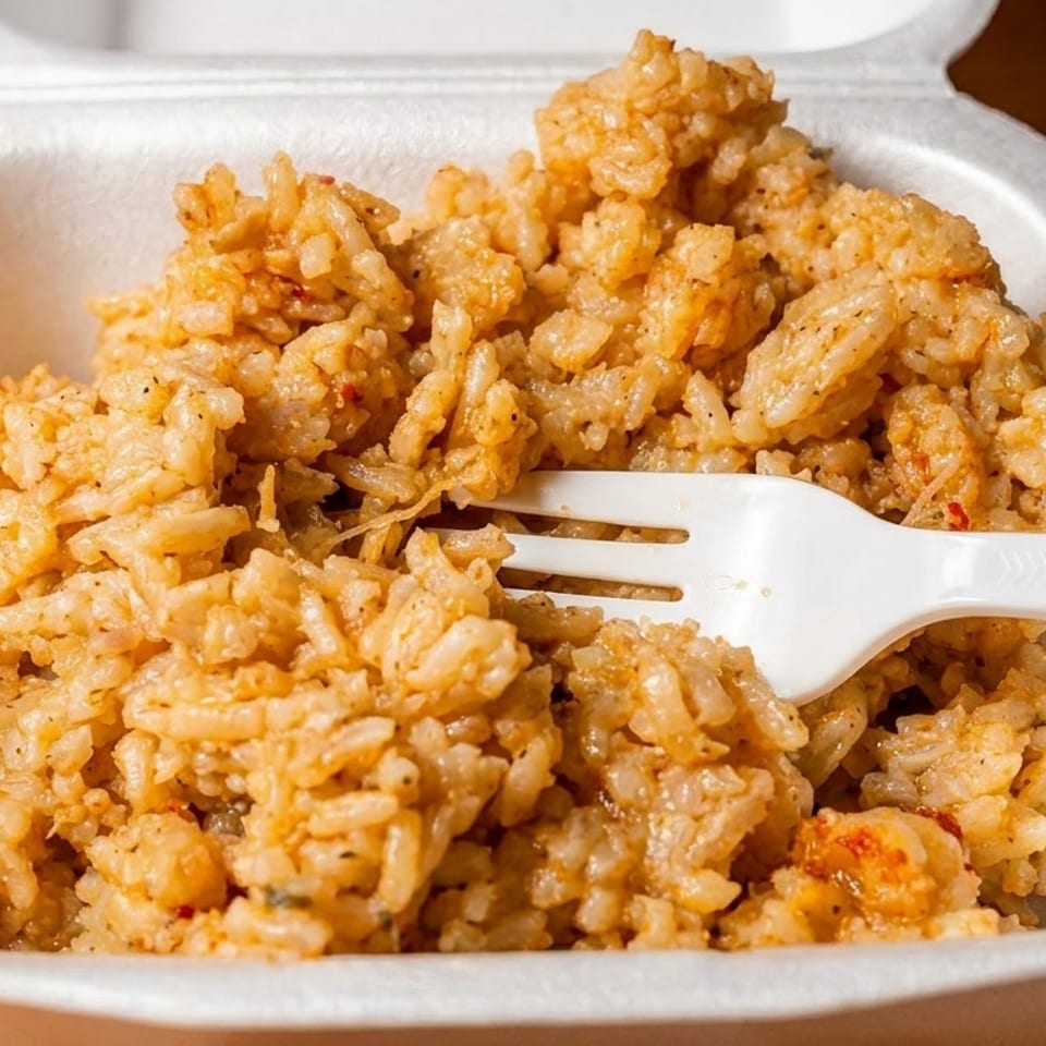 Spicy rice with a white plastic fork in a white takeout container on a wooden table.
