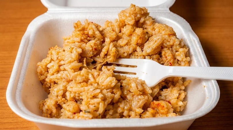 Spicy rice with a white plastic fork in a white takeout container on a wooden table.